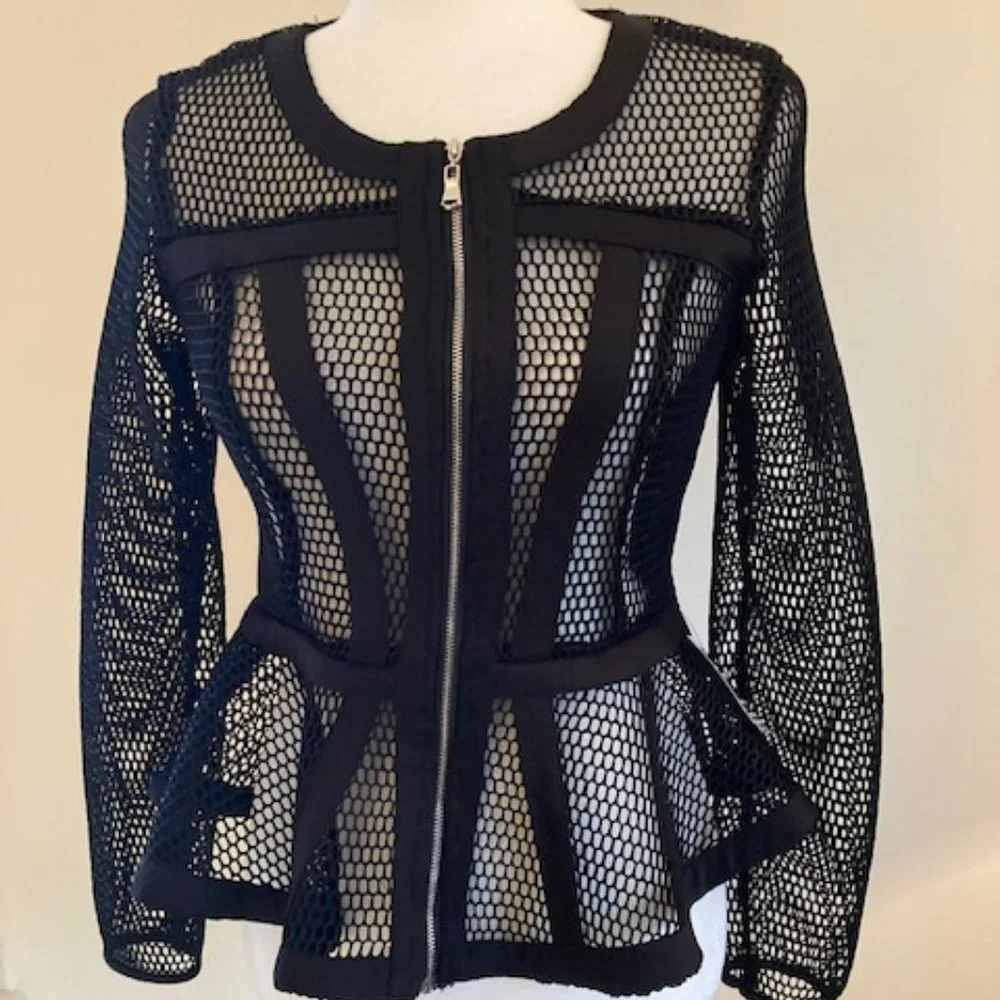 Black Mesh Zip-Front Peplum Jacket - Picture 1 of 8